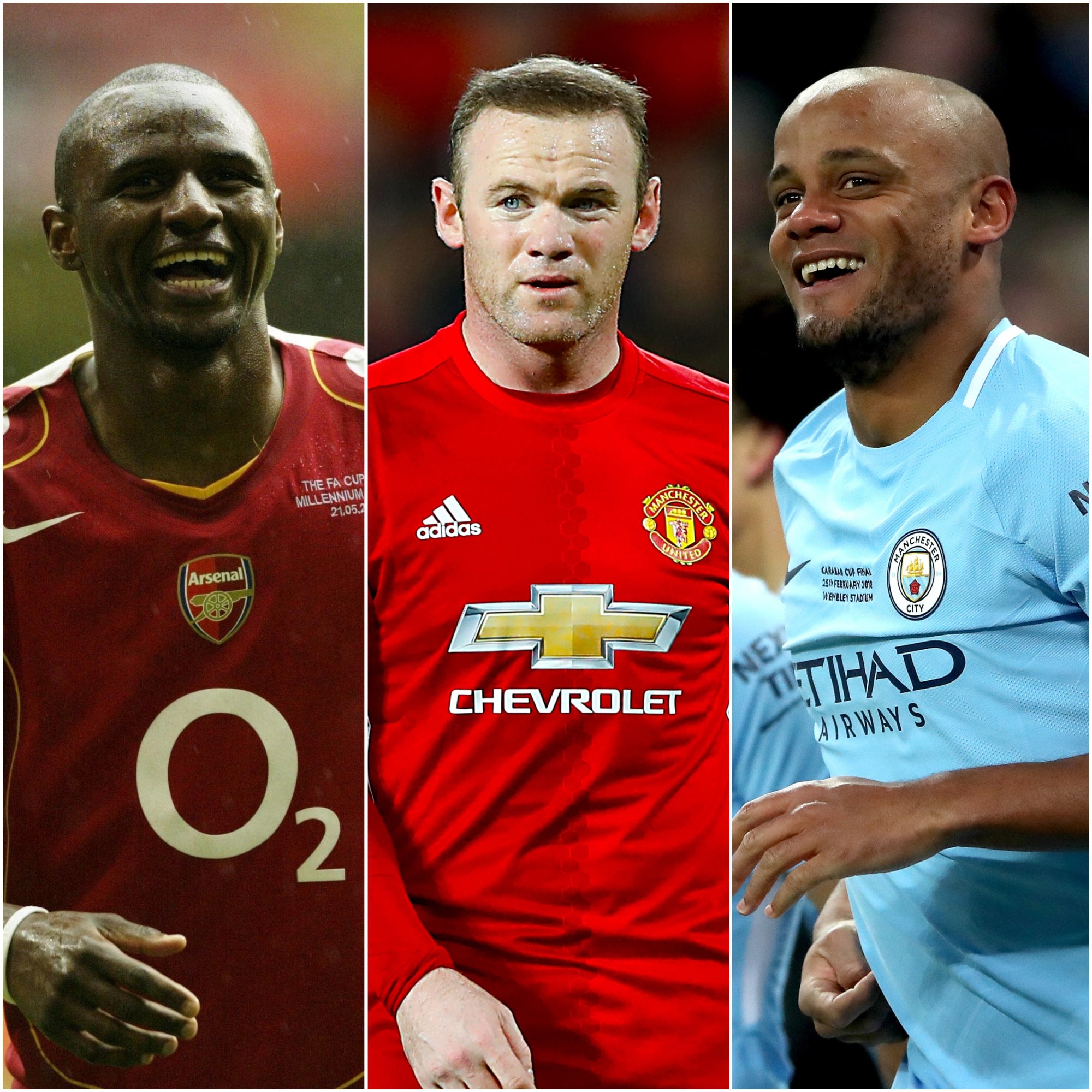 Patrick Vieira, Wayne Rooney and Vincent Kompany, l-r, celebrated a Premier League honour (Nick Potts/Martin Rickett/PA)