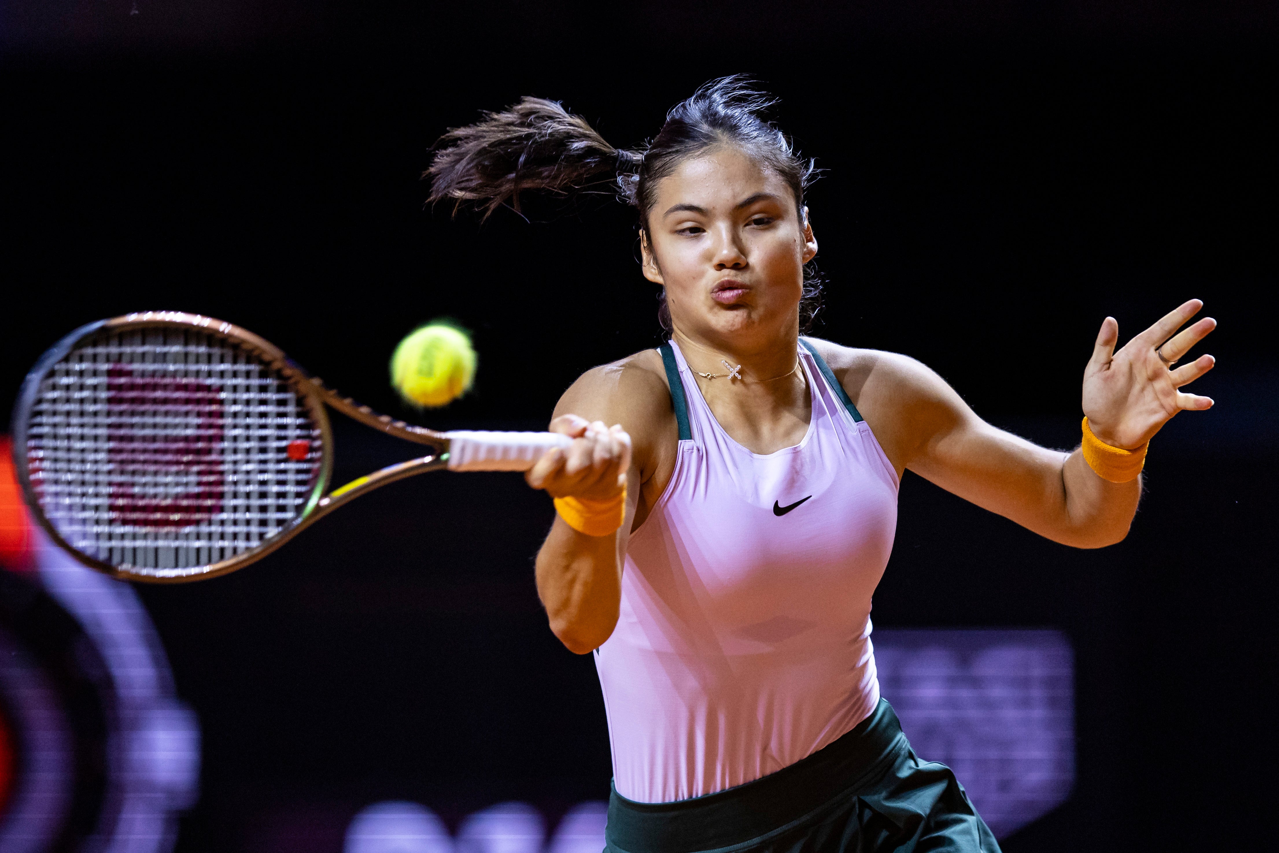 Britain’s Emma Raducanu lost to Iga Swiatek in the quarter-finals of the Porsche Tennis Grand Prix (Tom Weller/dpa via AP)