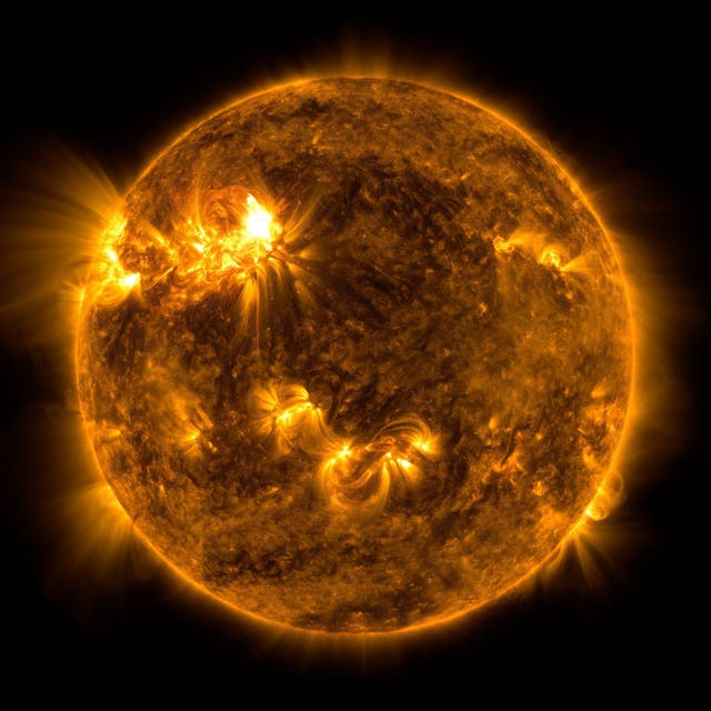 <p>A solar flare as photographed by Nasa’s Solar Dynamics Observatory on Wednesday 20 April </p>