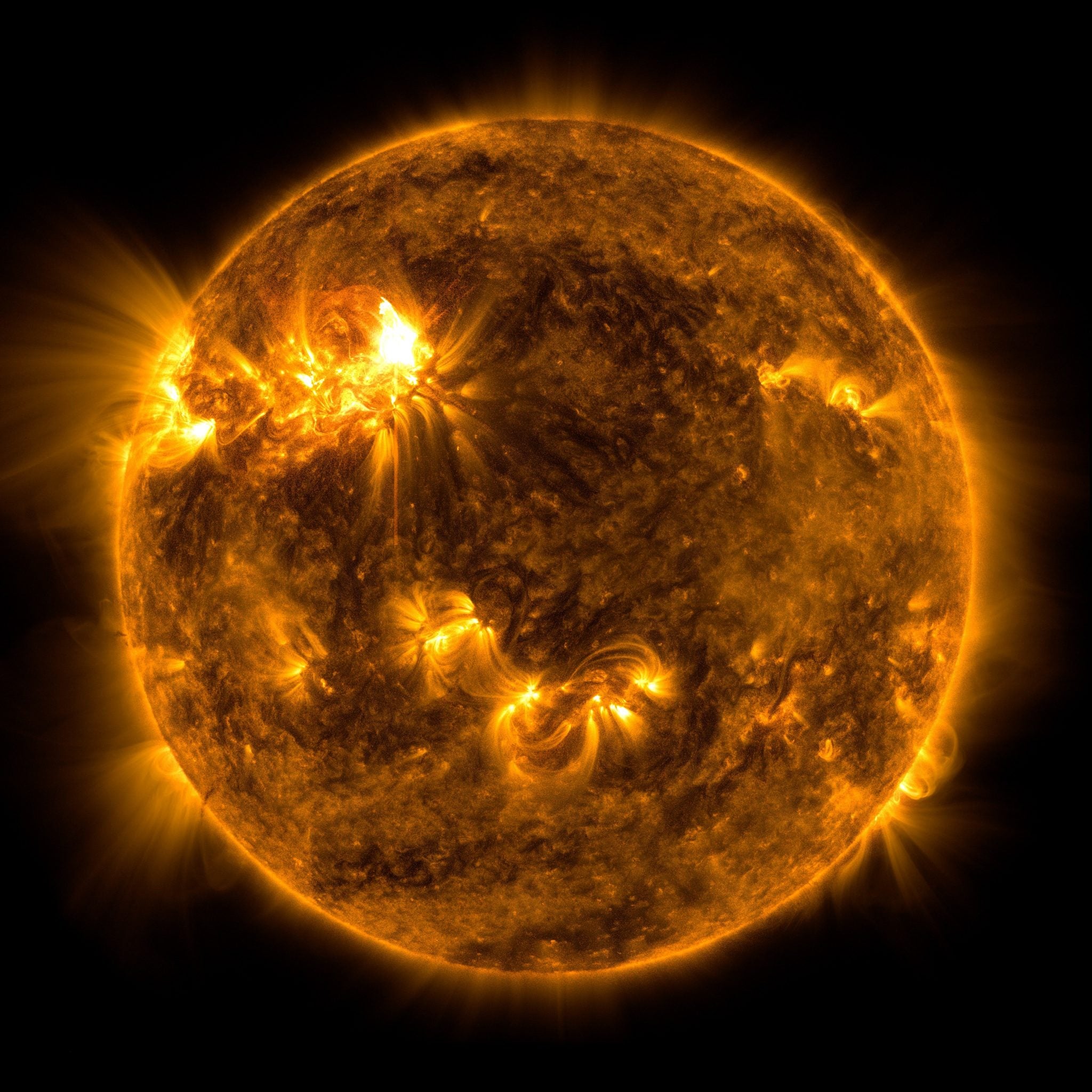A solar flare as photographed by Nasa’s Solar Dynamics Observatory on Wednesday 20 April