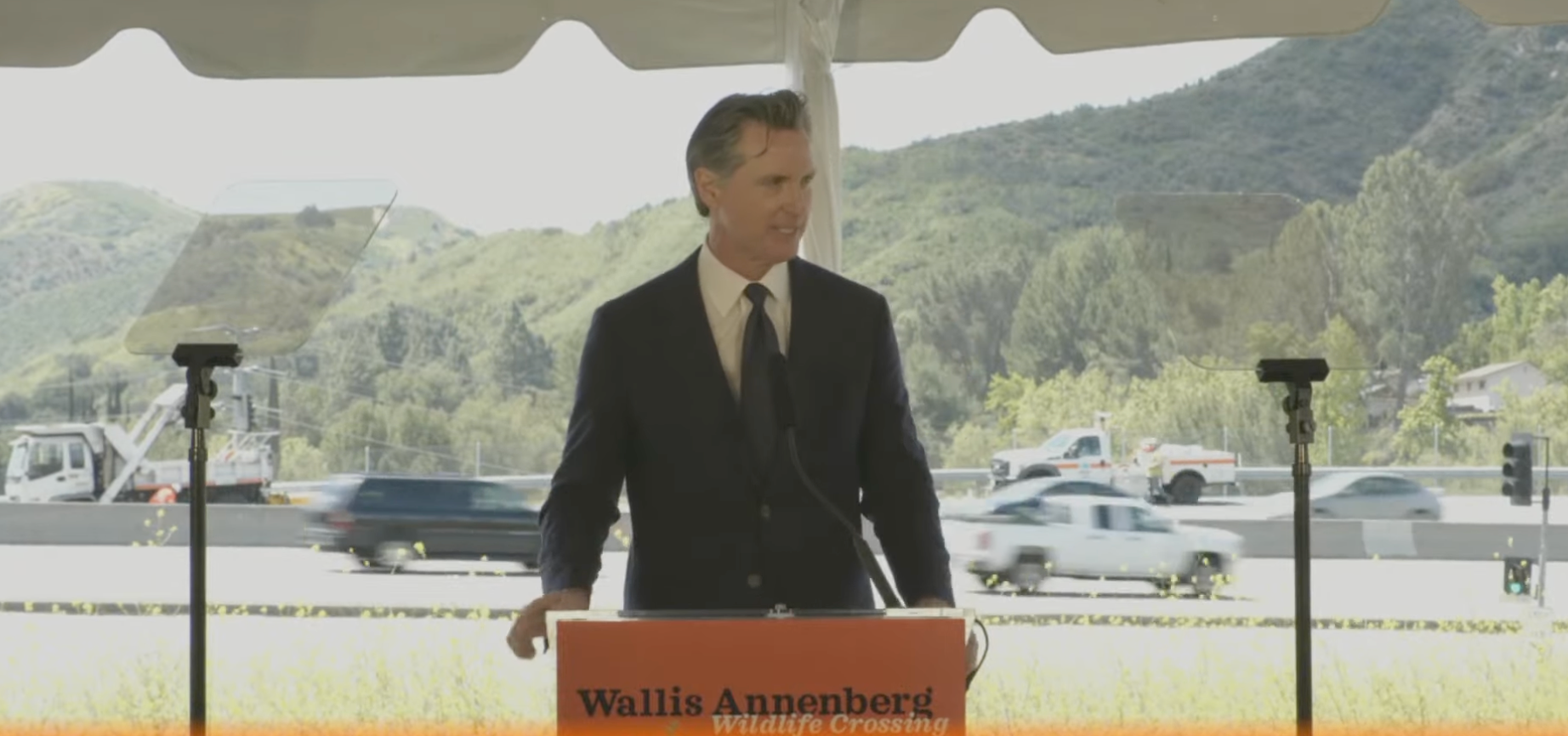 California Governor Gavin Newsom speaks at the ground-breaking ceremony for the Wallis Annenberg Wildlife Crossing, April 22, 2022