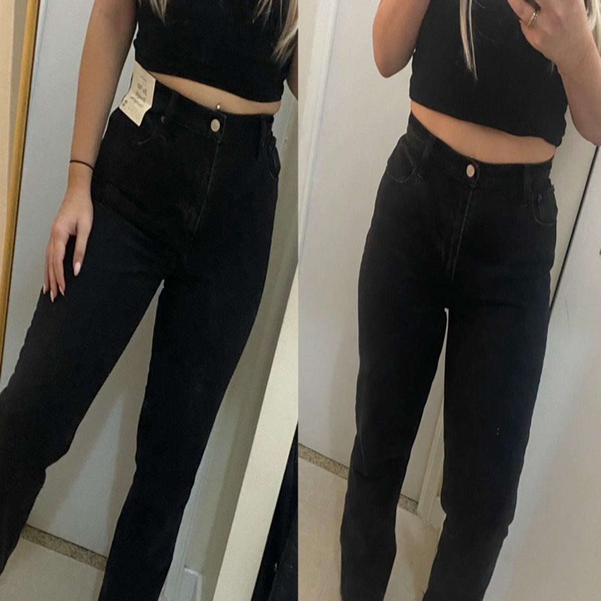 Woman tries to button jeans, too tight, too small, too tight