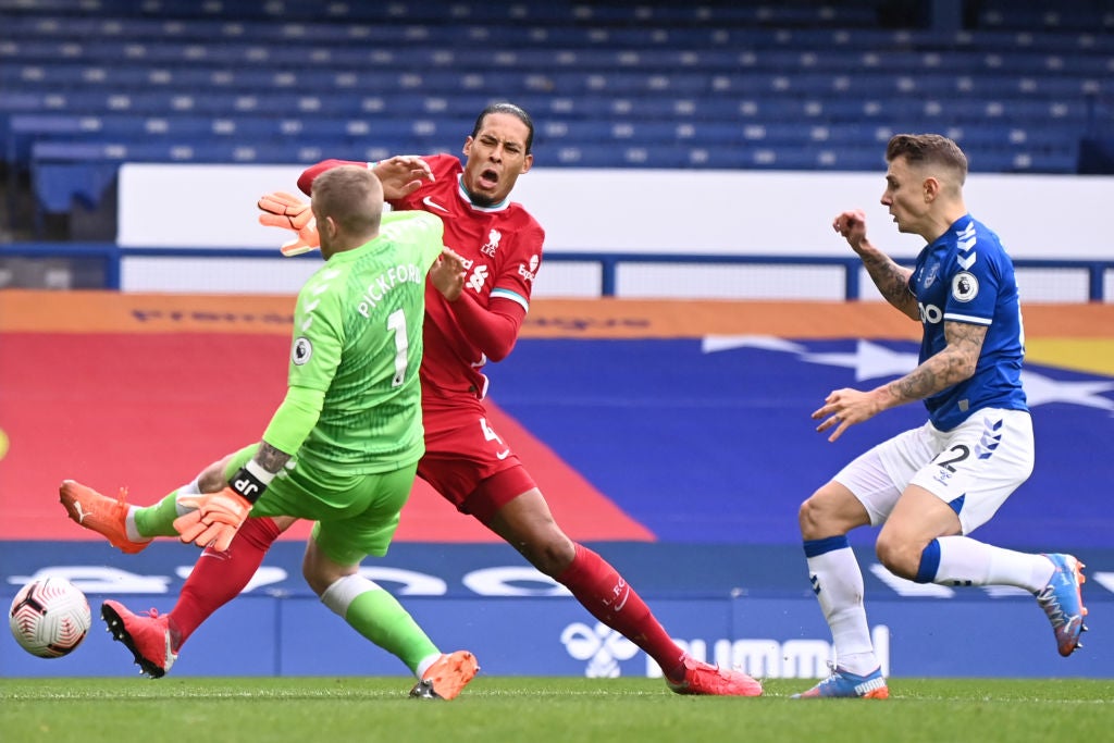 Virgil van Dijk suffered cruciate ligament damage following a tackle form Jordan Pickford last season