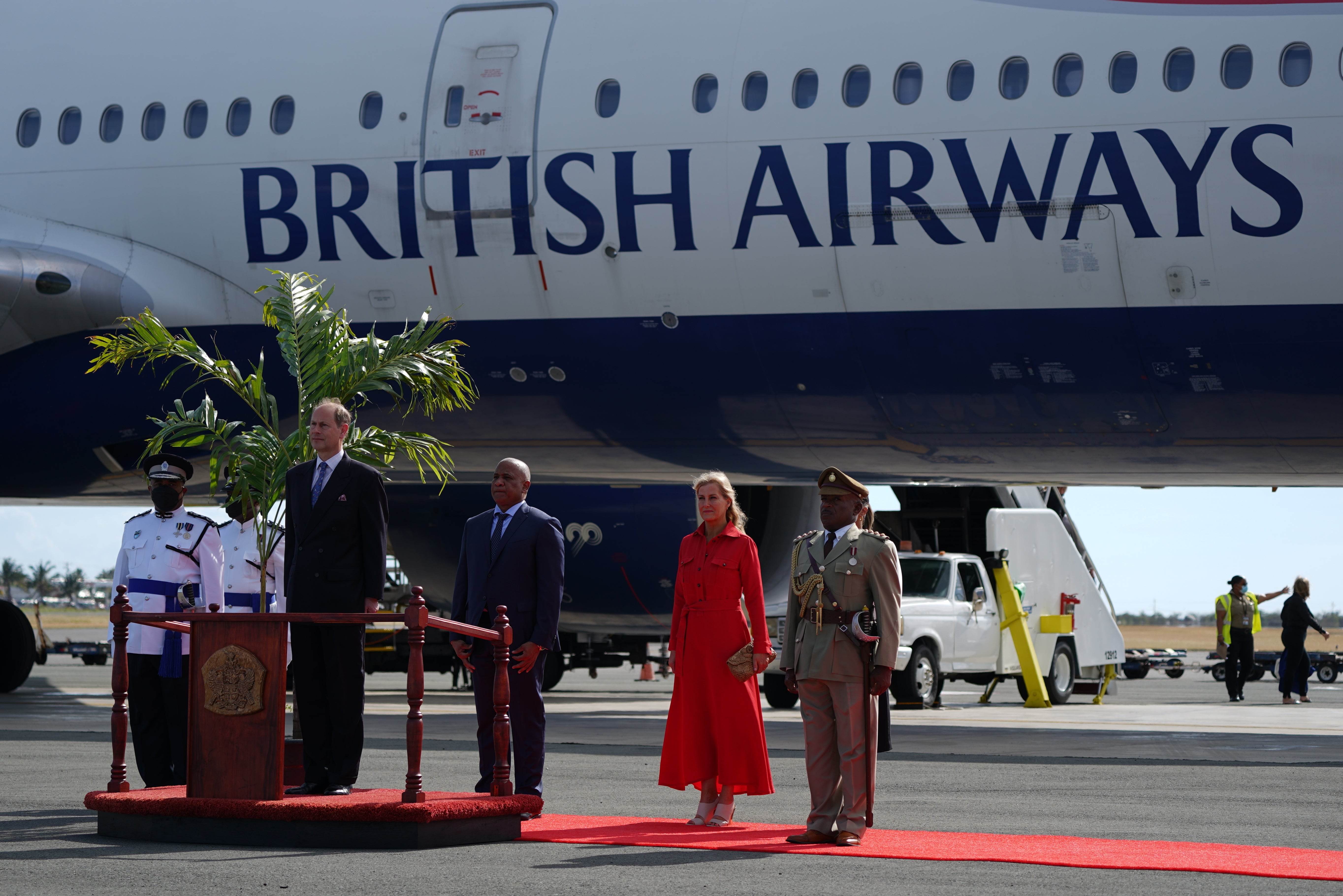 The Countess of Wessex, who is accompanying her husband the Earl of Wessex, arrives at Hewanorra International Airport in St Lucia for the start of their visit to the Caribbean, to mark the Queen’s Platinum Jubilee. Picture date: Friday April 22, 2022 (Joe Giddens/PA)