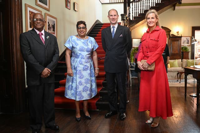 <p>Edward and Sophie with Cyril Errol Melchiades Charles, acting governor general of Saint Lucia and his wife Anysia Charles in Castries</p>