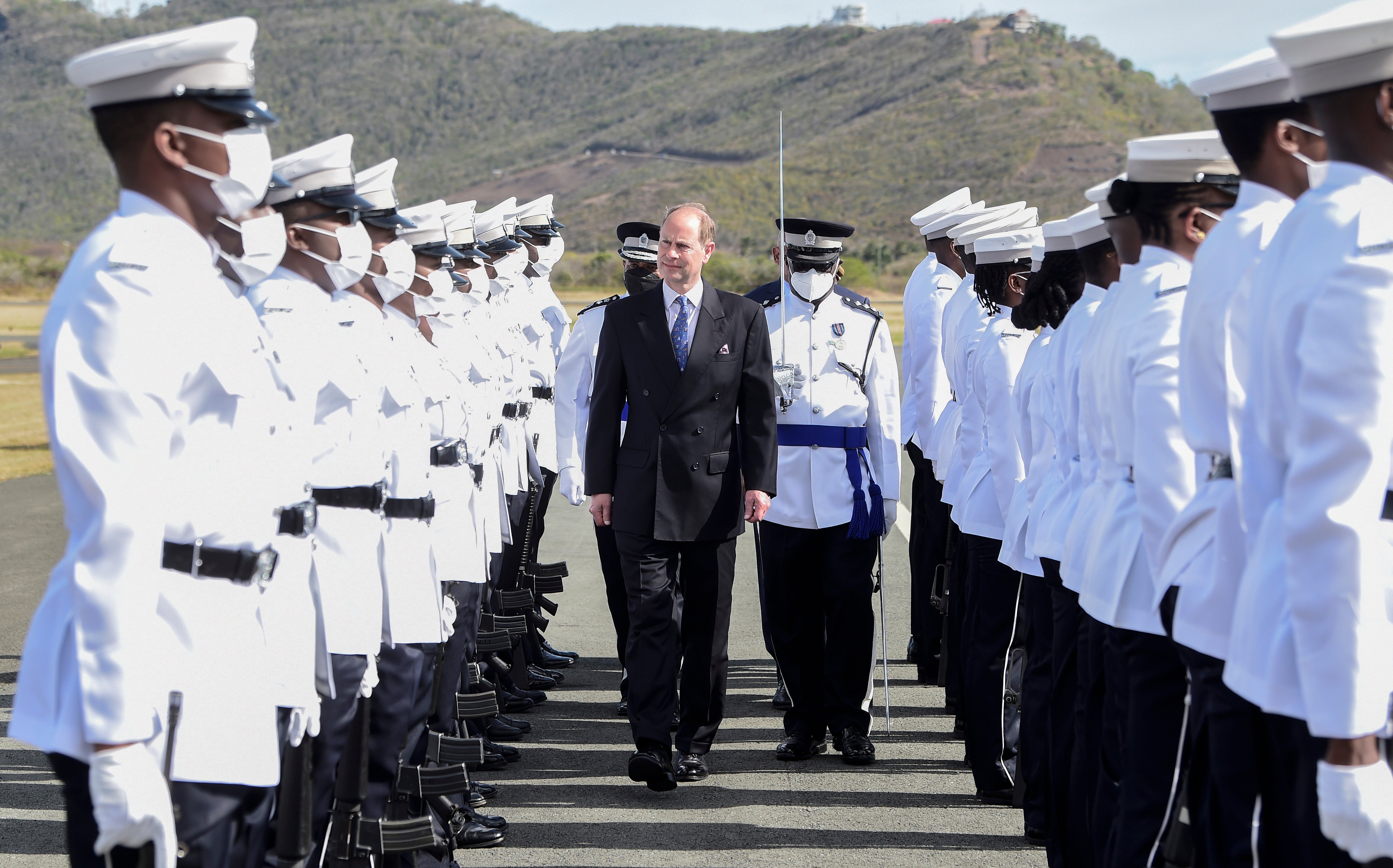 Edward observes a Guard of Honour at Hewanorra International Airport in Vieux Fort, Saint Lucia