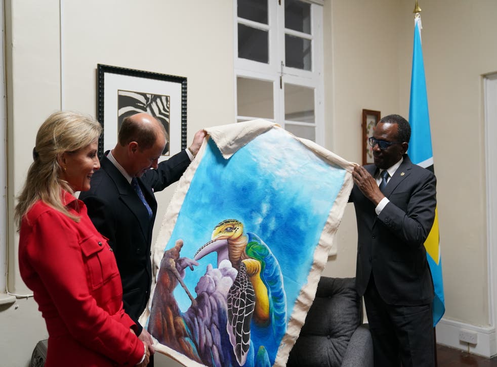 The Earl and Countess of Wessex exchanged gifts with the Prime Minister of Saint Lucia after they received a red carpet guard of honour on their arrival in the country (Joe Giddens/PA)