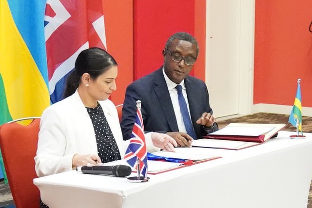 <p>The deal, shown being signed by Home Secretary Priti Patel and Rwandan foreign affairs minister Vincent Biruta, is worth £120 million (Flora Thompson/PA)</p>