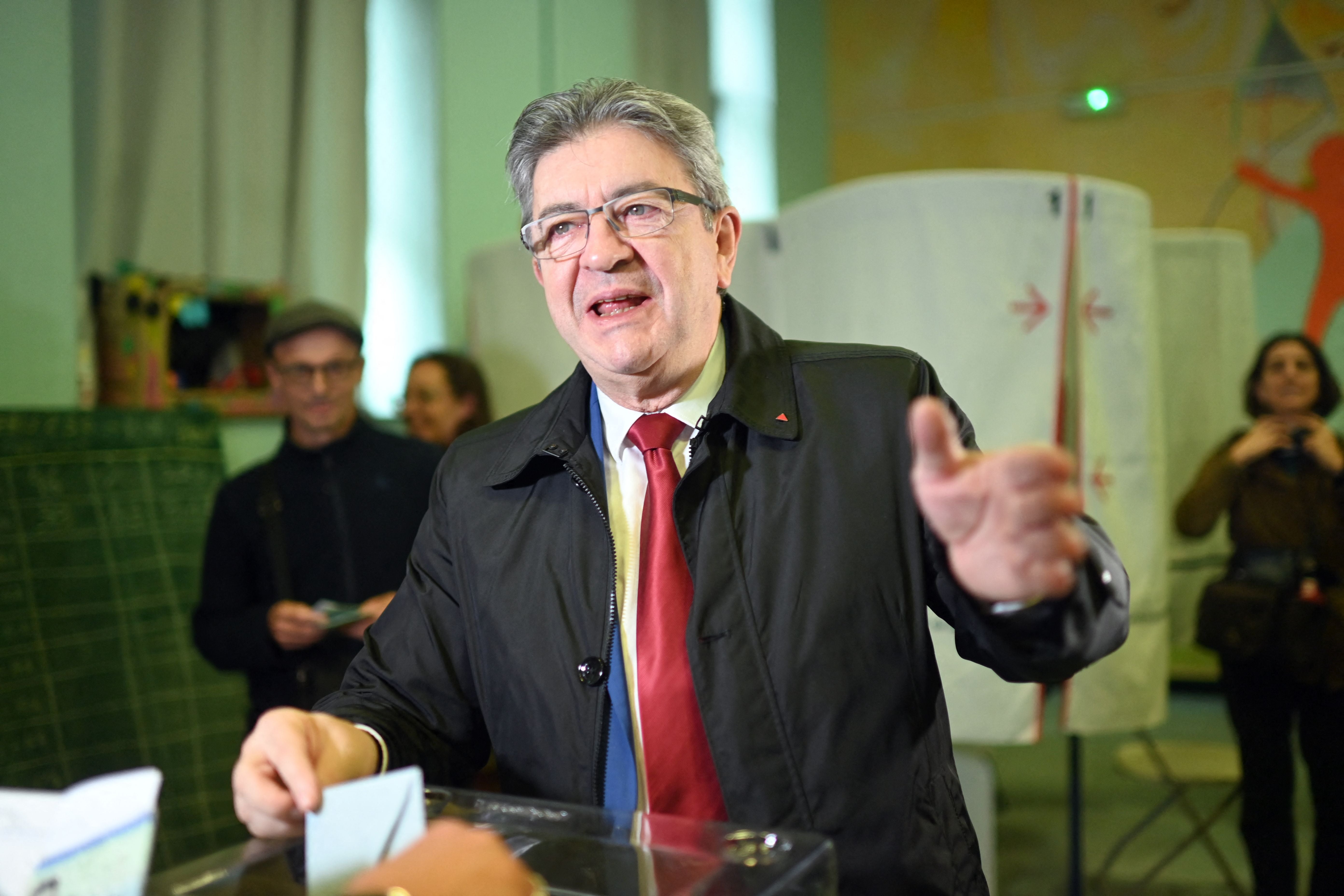 The far-left politician Jean-Luc Melenchon casts his vote during the second round of France’s presidential election