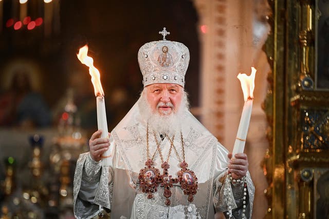 <p>Patriarch Kirill conducts an Easter service at the Cathedral of Christ the Saviour in Moscow, on 23 April 2022</p>