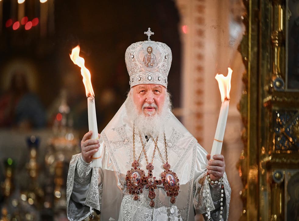 <p>Patriarch Kirill conducts an Easter service at the Cathedral of Christ the Saviour in Moscow, on 23 April 2022</p>