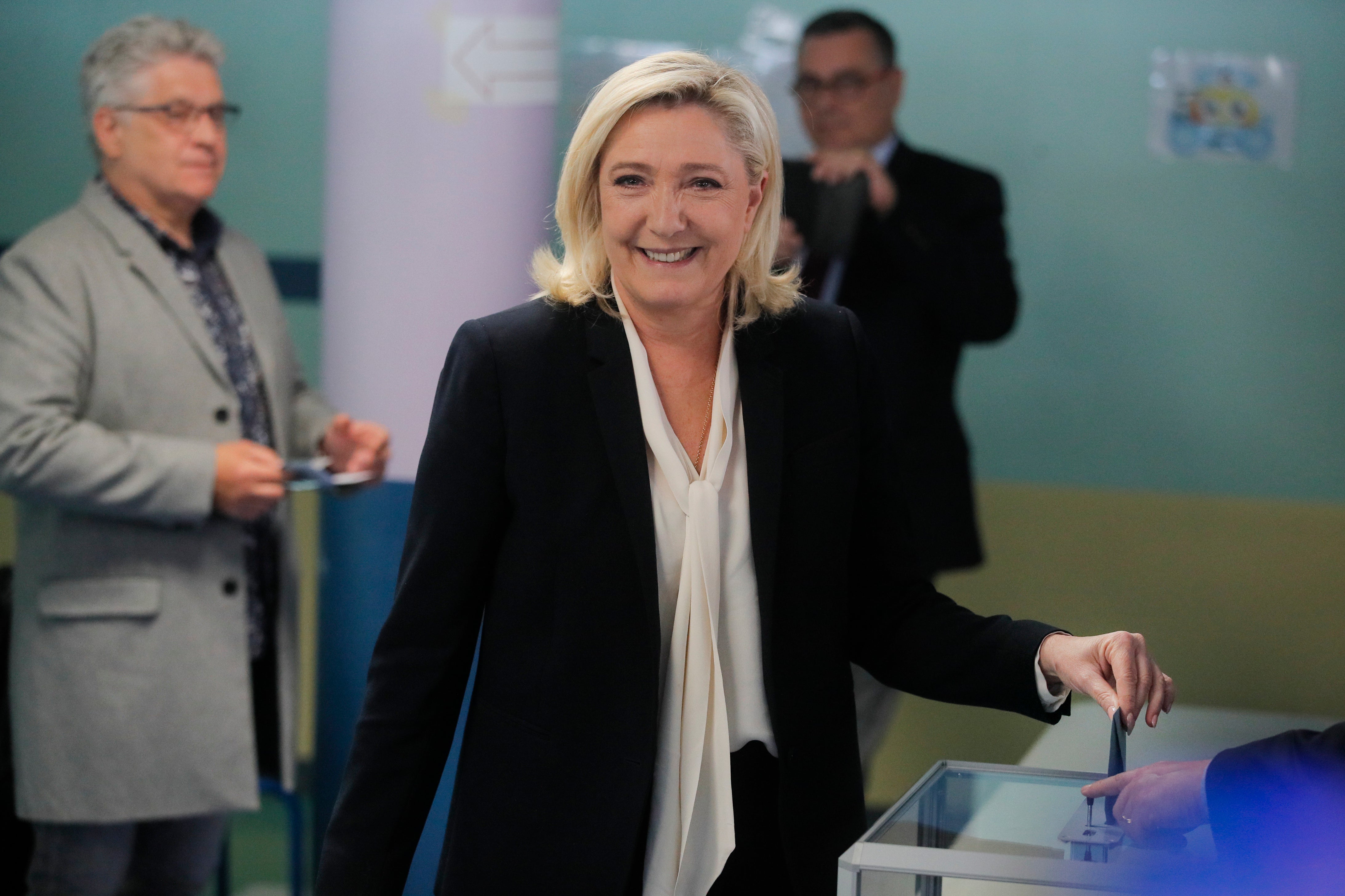 French far-right contender Marine Le Pen votes in Henin-Beaumont, northern France