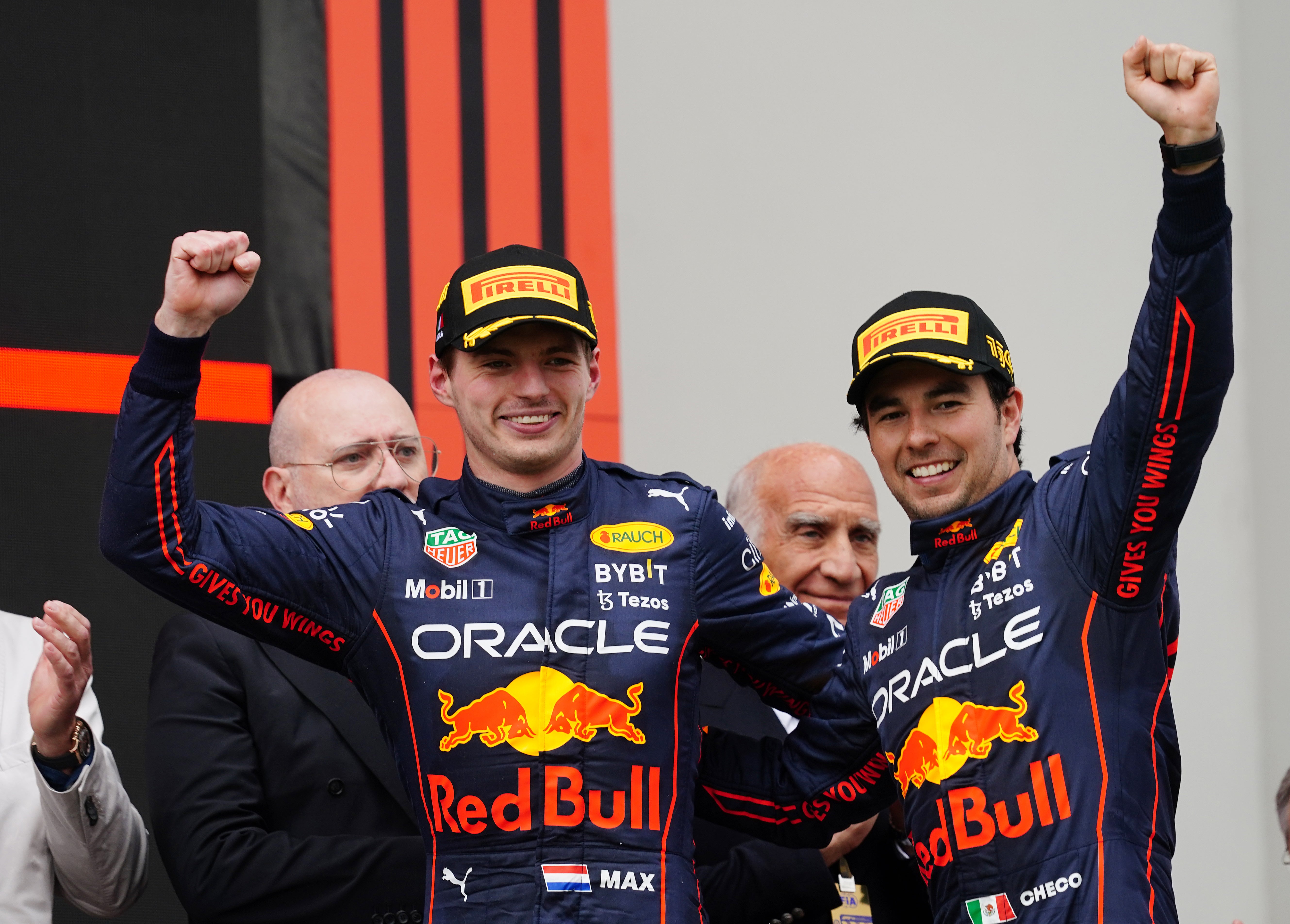 Red Bull drivers Max Verstappen and Sergio Perez celebrate their 1-2 finish in Imola (David Davies/PA)