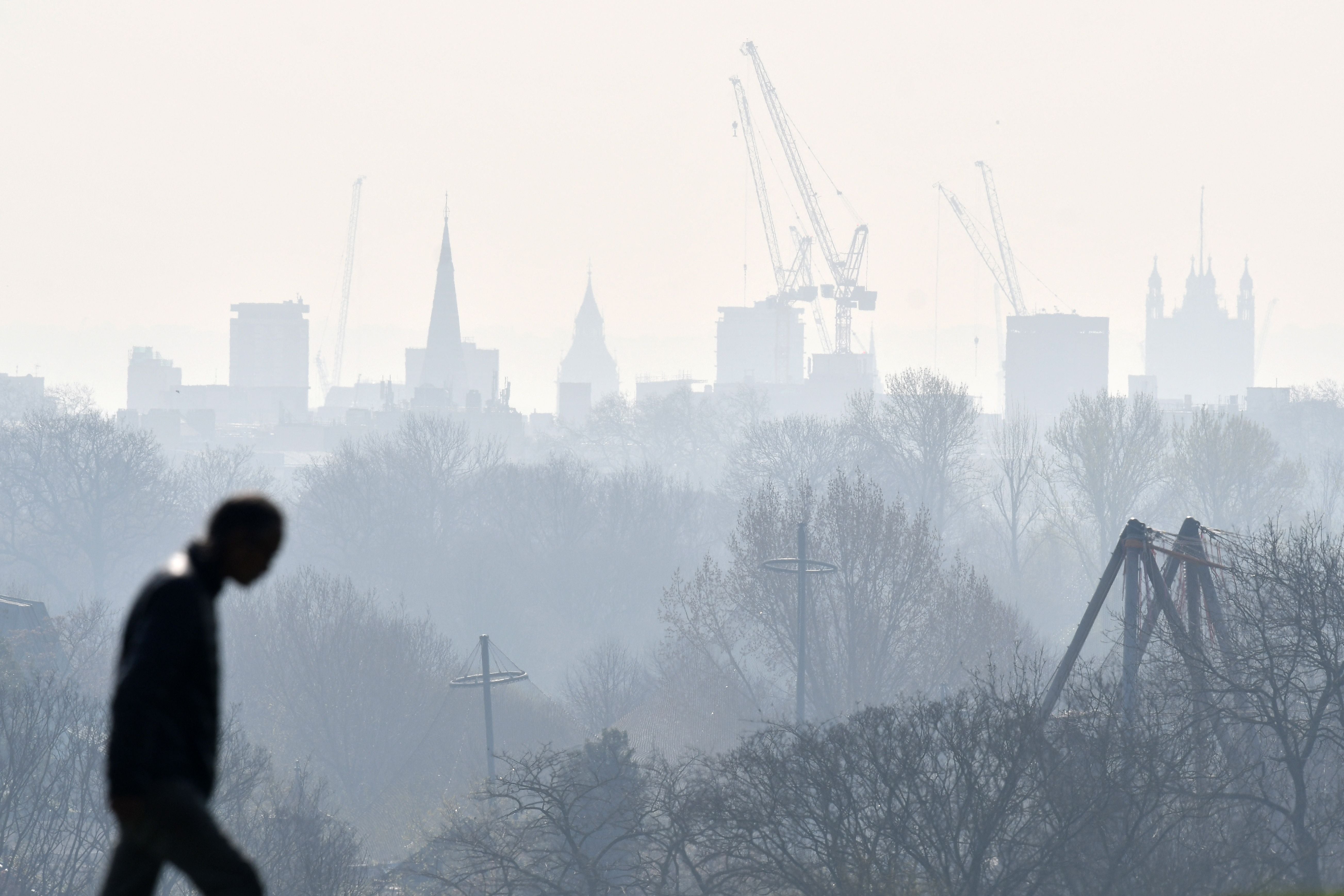 <p>A visitor walks in Primrose Hill, north London, as a high air pollution warning was issued for the capital on 24 March 2022</p>