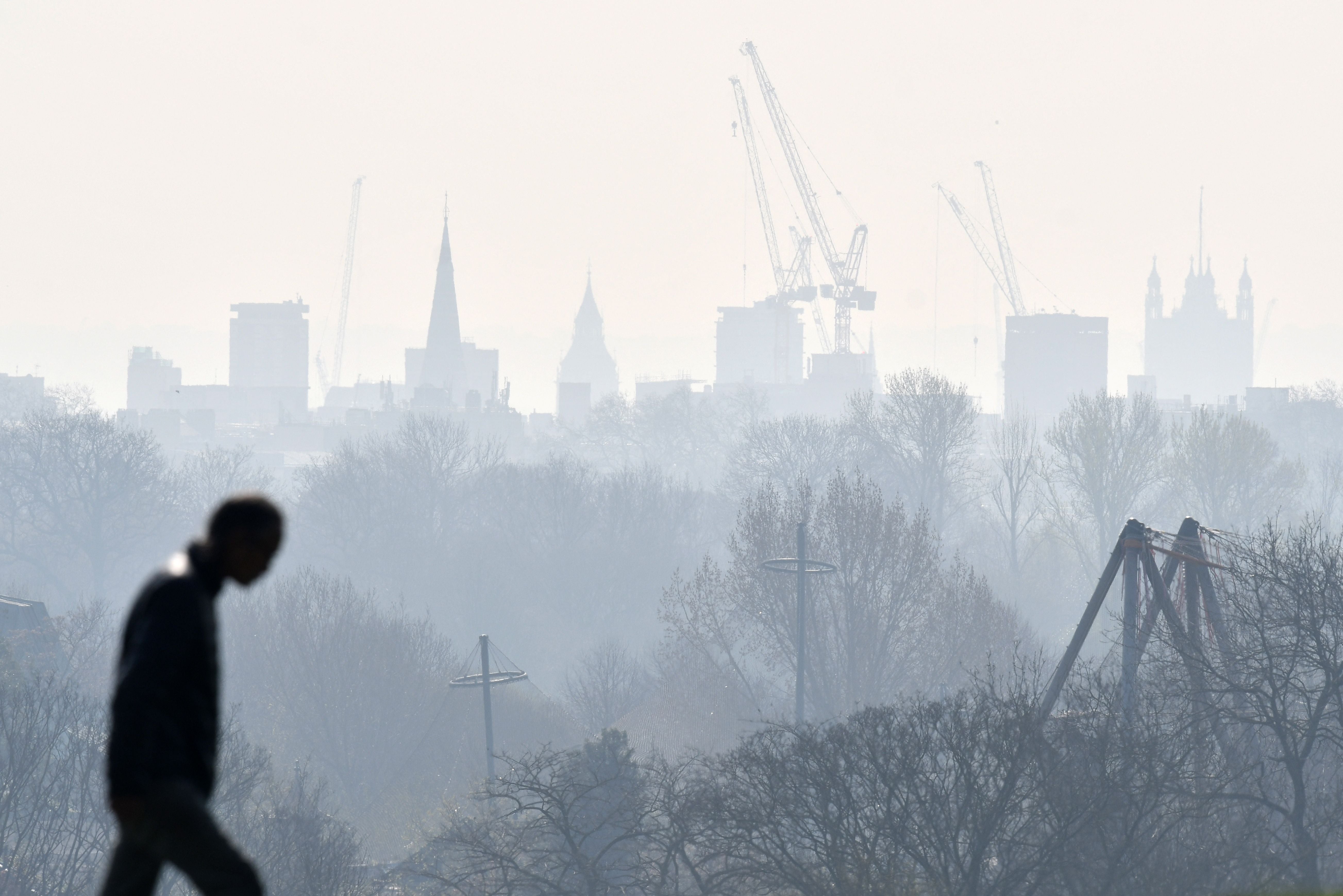 A visitor walks in Primrose Hill, north London, as a high air pollution warning was issued for the capital on 24 March 2022