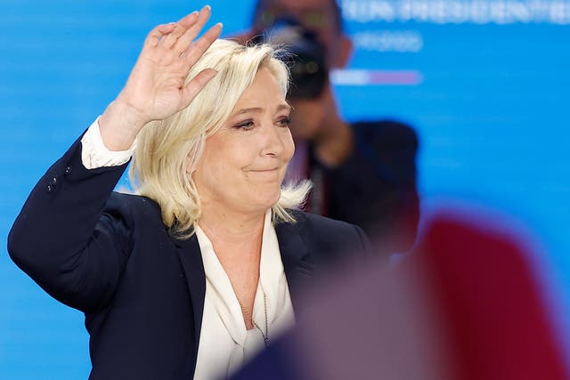 <p>Marine Le Pen delivers a speech after being defeated in the second round </p>
