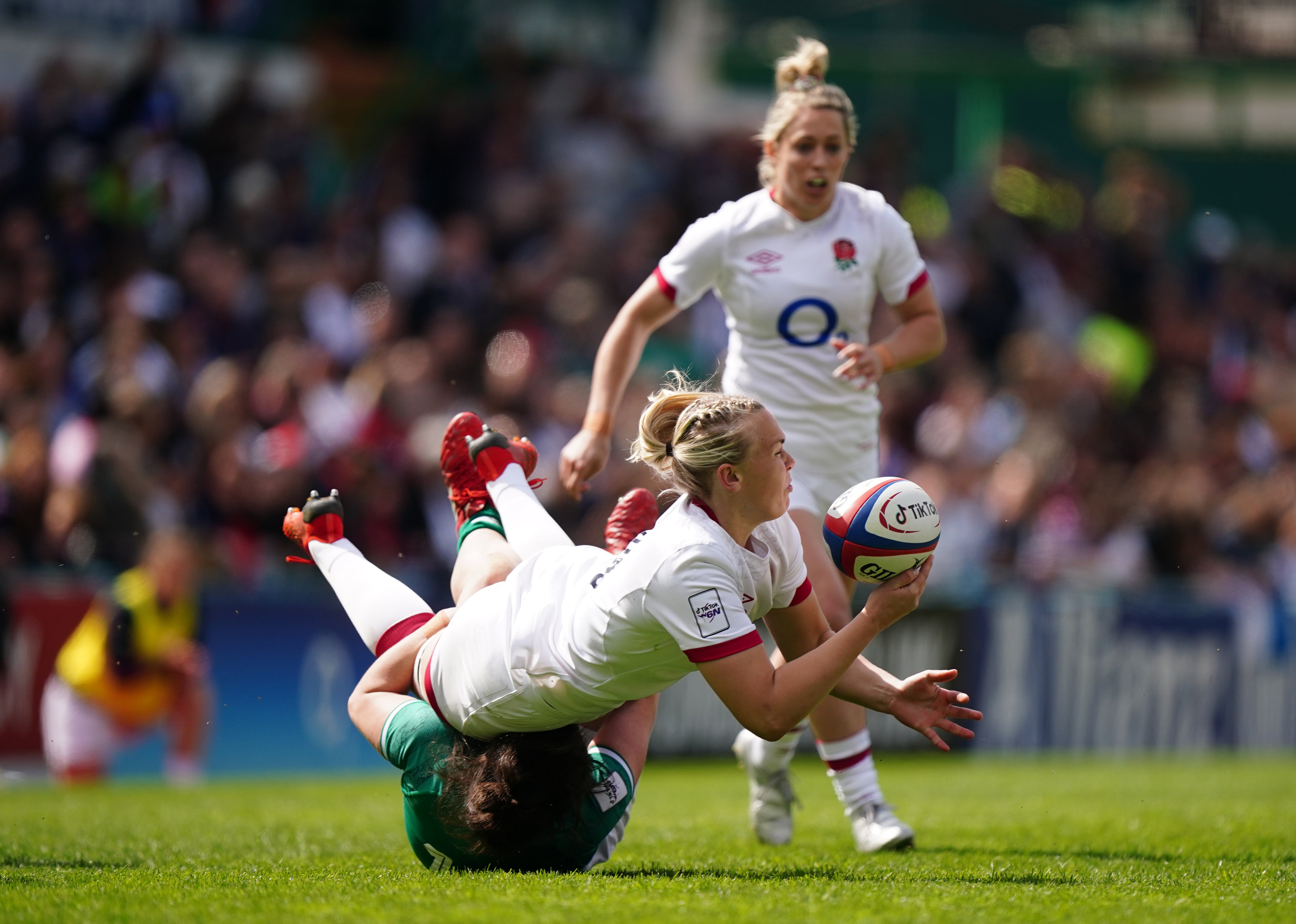 England’s Rosie Galligan tackled by Ireland’s Katie O’Dwyer during the TikTok Women’s Six Nations match at Welford Road (Mike Egerton/PA)