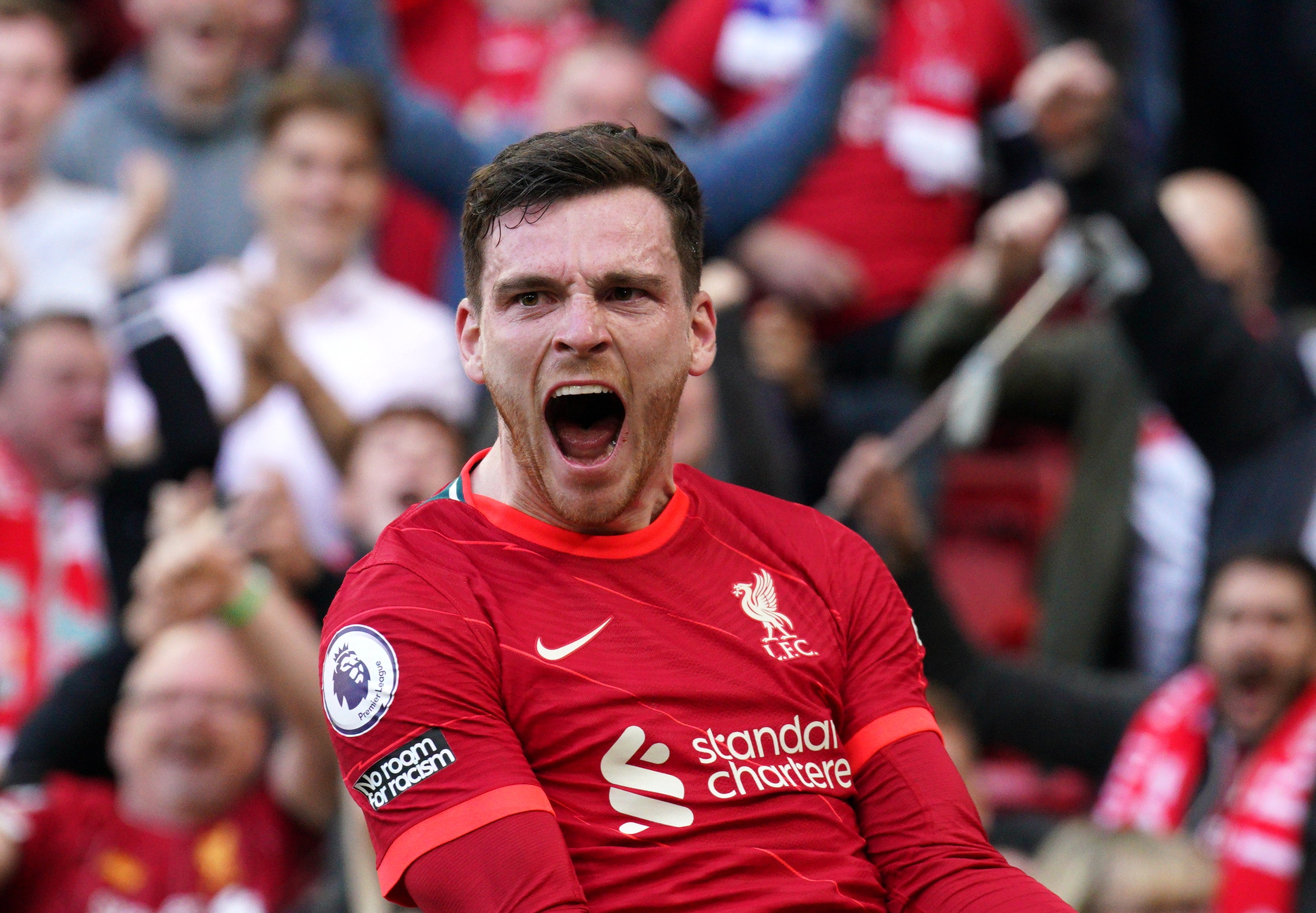 Liverpool’s Andy Robertson celebrates scoring his side’s first goal against Everton at Anfield (Peter Byrne/PA)