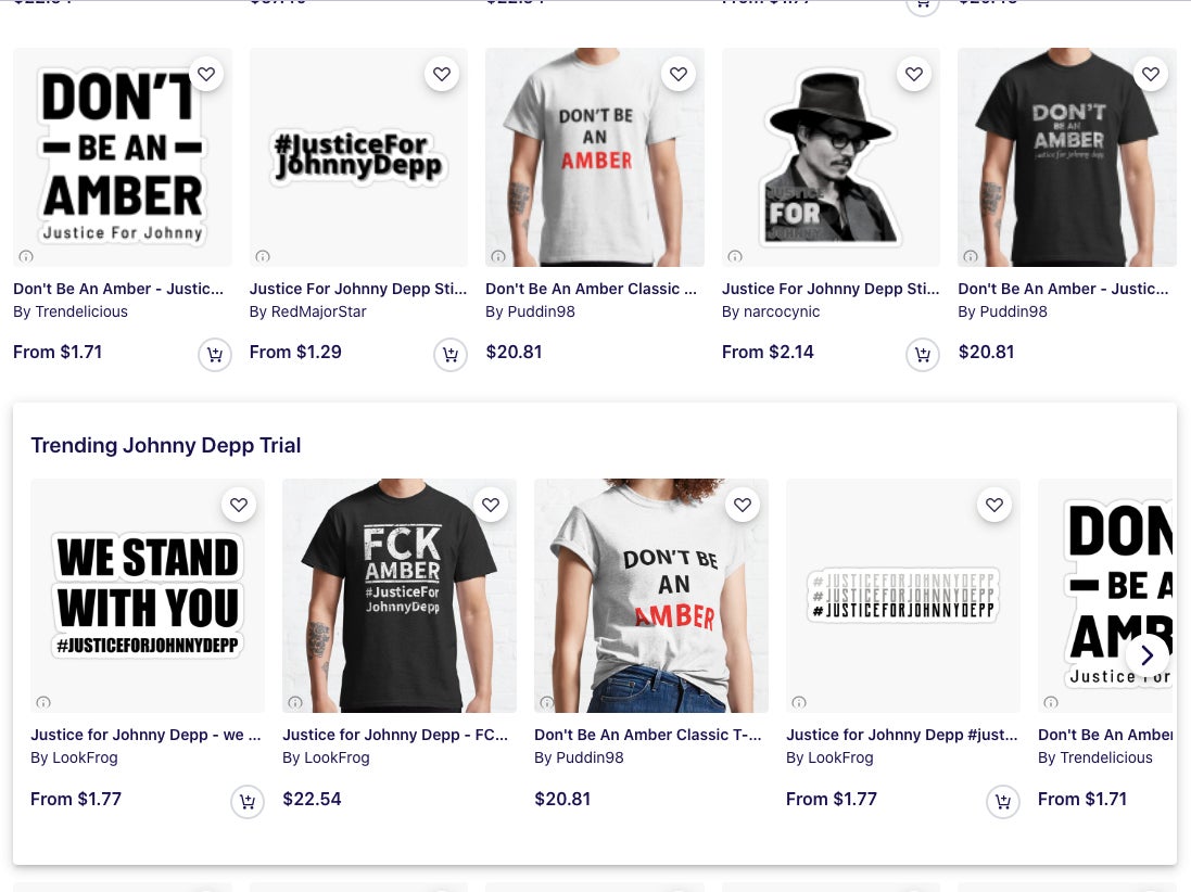 Screenshot of Redbubble’s storefront selling Johnny Depp trial merchandise