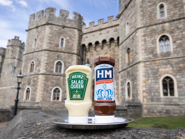 <p>Celebratory, limited edition Jubilee bottles of Heinz Salad Cream and HP Sauce, which have been renamed 'Heinz Salad Queen' and 'HM Sauce', respectively, are unveiled at Windsor Castle</p>