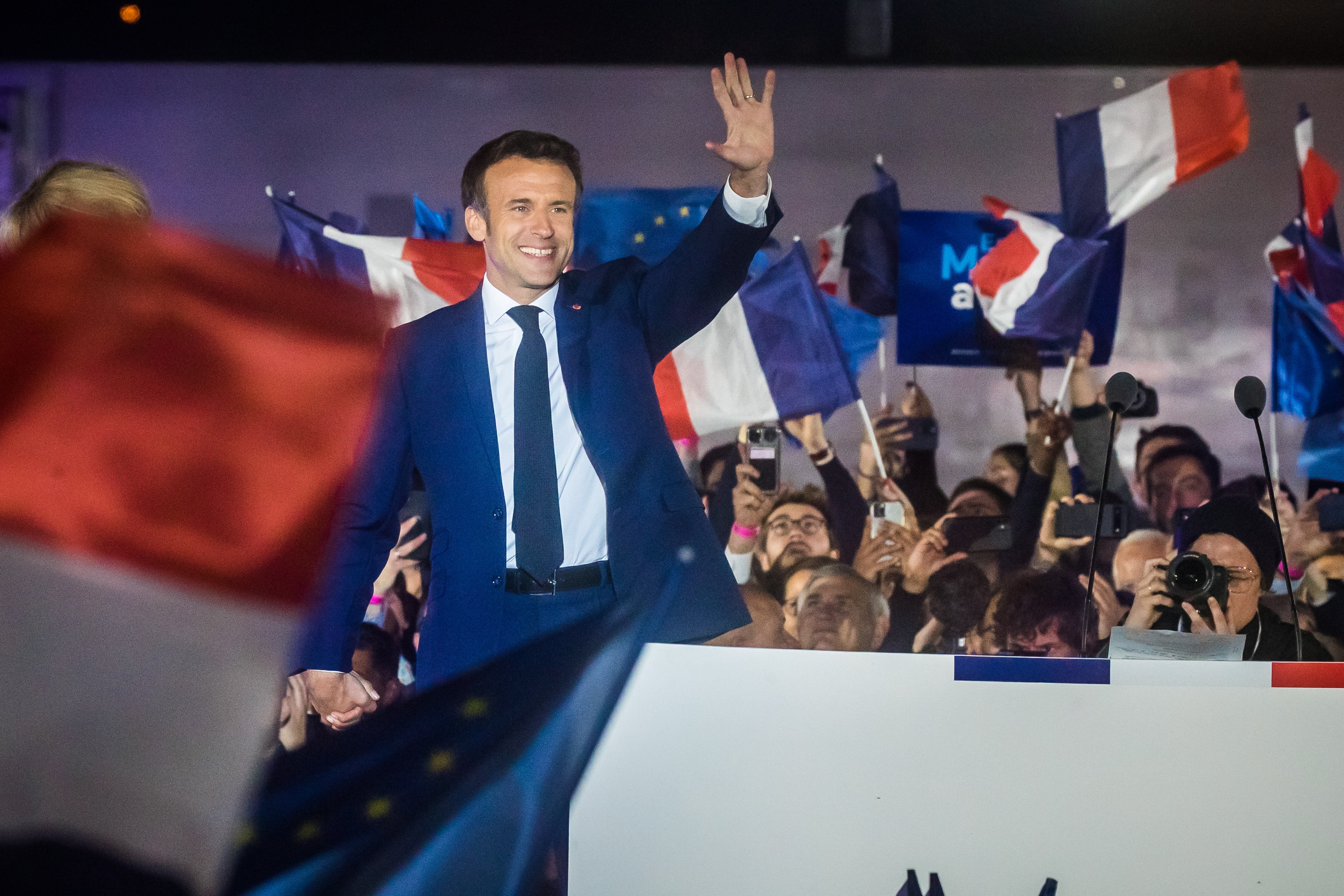 Macron proceeded to his victory rally to the strains of the European anthem