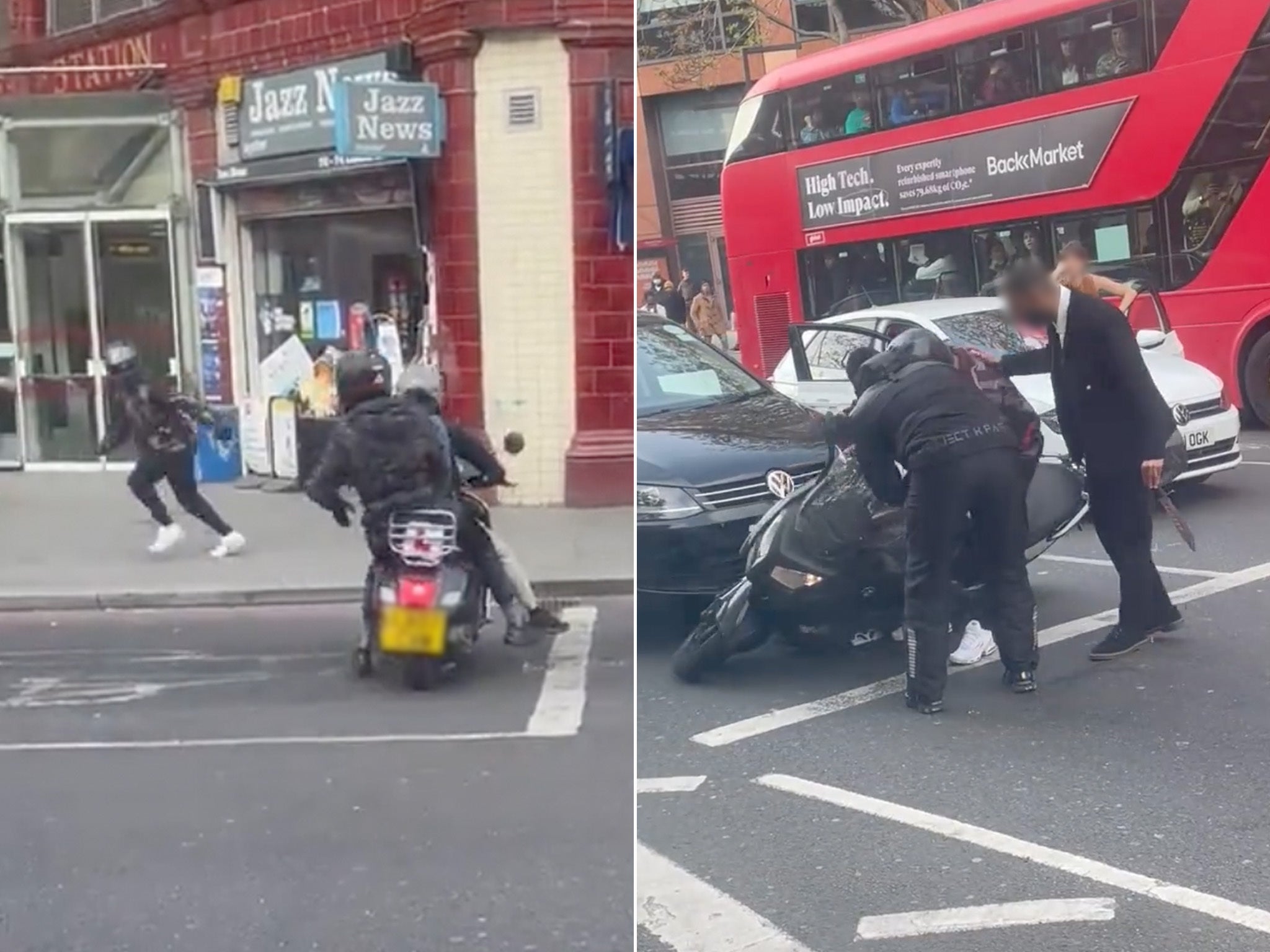 Two motorcyclists armed with a hammer and machete chase a motorbike rider in central London