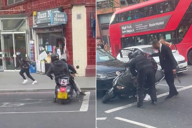 <p>Two motorcyclists armed with a hammer and machete chase a motorbike rider in central London </p>