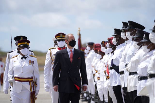 The Earl of Wessex inspects a guard of honour after arriving at VC Bird International Airport, Antigua and Barbuda, as he continue his visit to the Caribbean, to mark the Queen’s Platinum Jubilee. Picture date: Monday April 25, 2022 (Joe Giddens/PA)