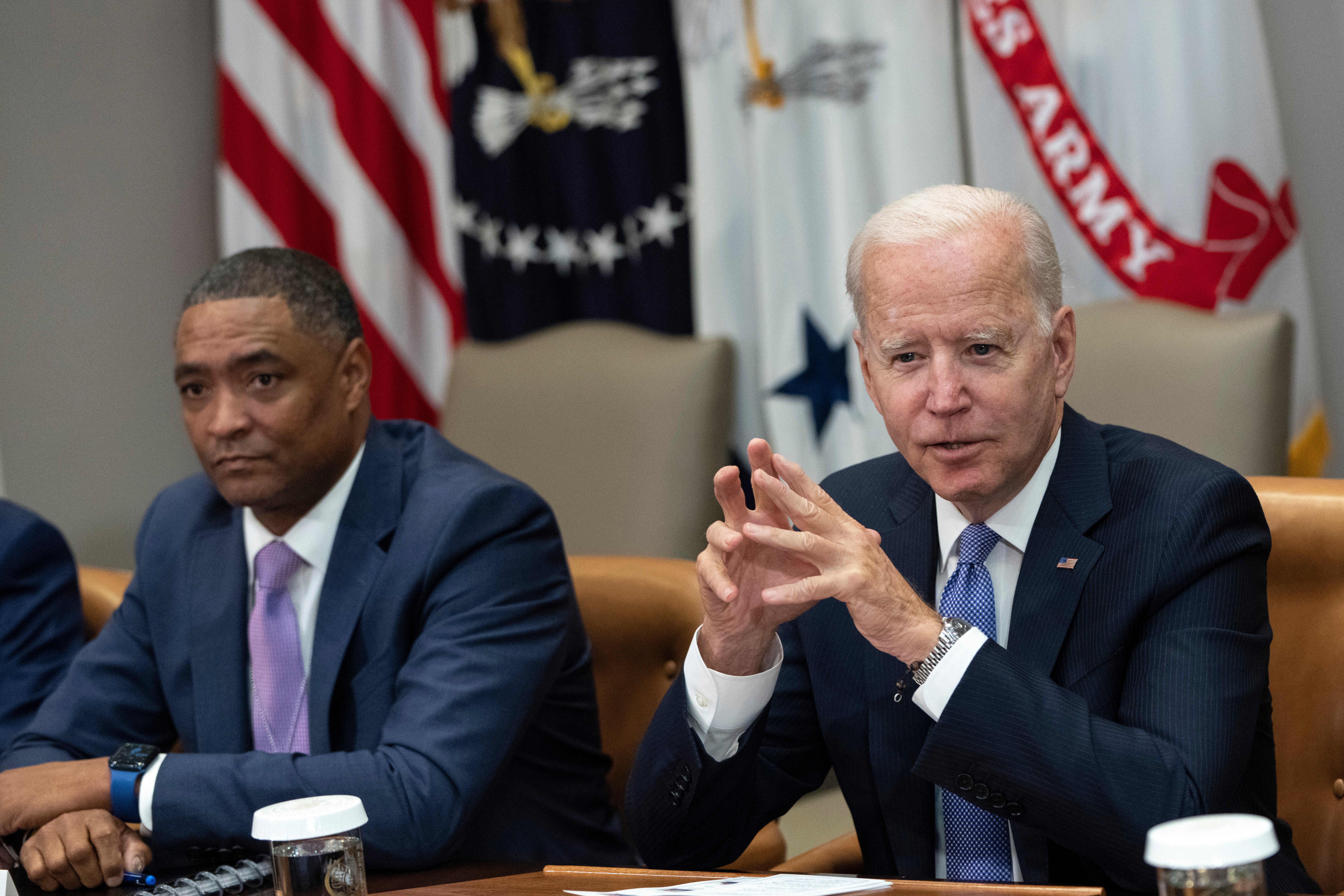 Cedric Richmond, senior advisor to the president and director of the White House Office of Public Engagement, looks on as U.S. President Joe Biden meets with advisors, union and business leaders about infrastructure in the Roosevelt Room of the White House on July 22, 2021 in Washington, DC.