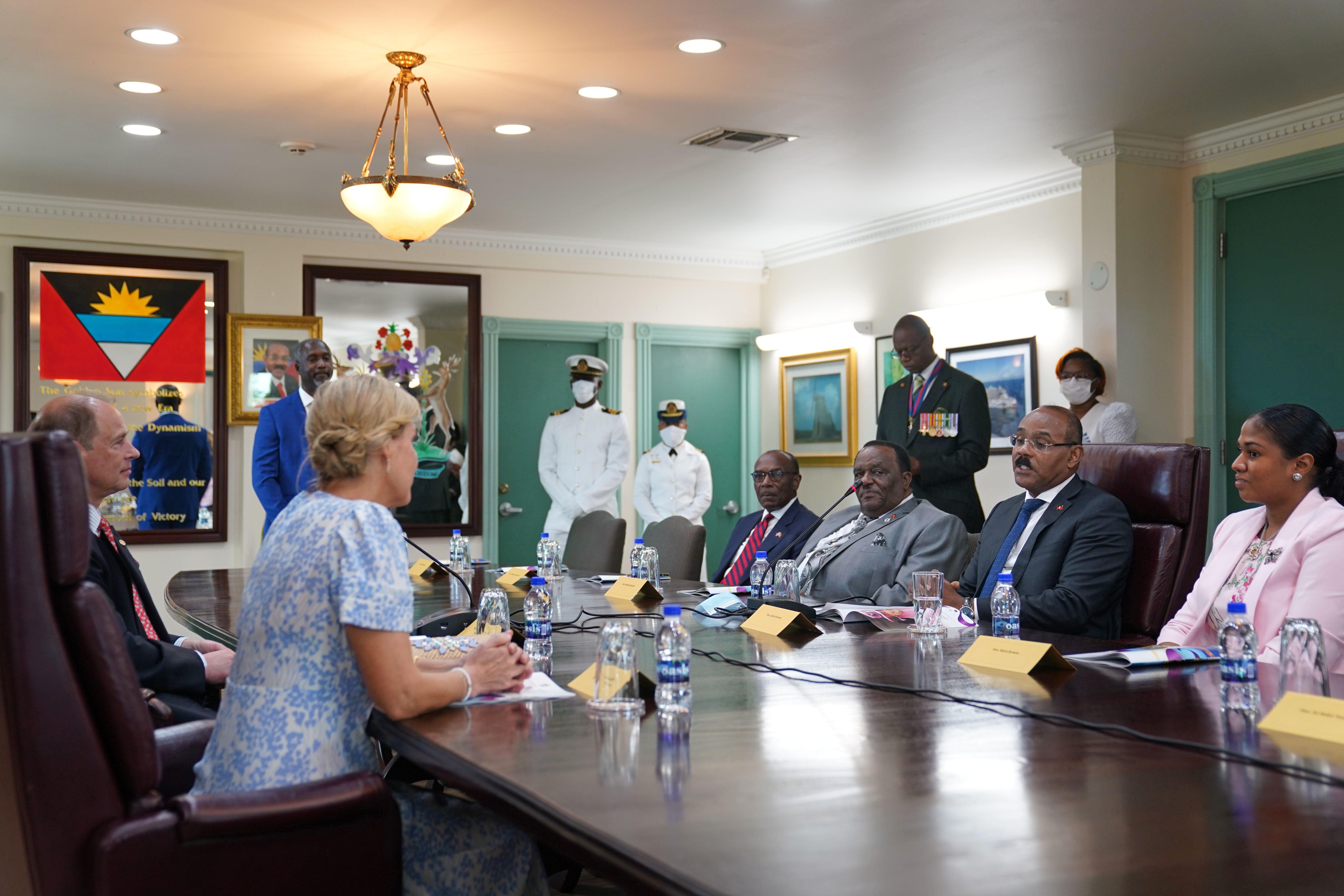 The Earl and the Countess of Wessex meeting Gaston Browne, Prime Minister of Antigua and Barbuda at Government House (Joe Giddens/PA)