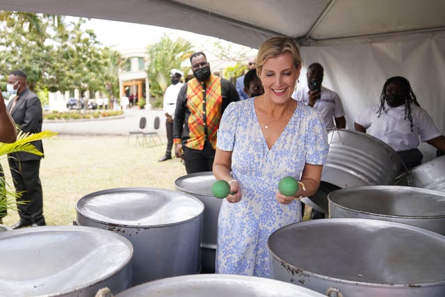 The Countess of Wessex playing steel drums in the garden of Government House, St. John’s, Antigua and Barbuda, as she continues her visit to the Caribbean, to mark the Queen’s Platinum Jubilee. Picture date: Monday April 25, 2022 (Joe Giddens/PA)
