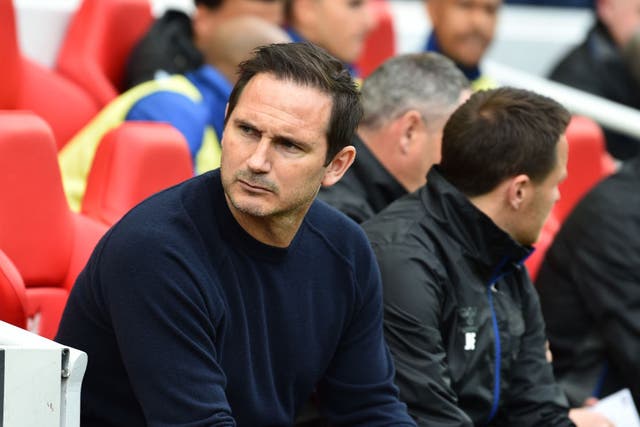 <p>Frank Lampard looks on during Everton’s defeat in the Merseyside derby</p>