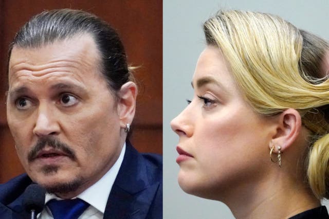 <p>Johnny Depp and Amber Heard at the Fairfax County Courthouse in Fairfax, Virginia on 25 April 2022</p>