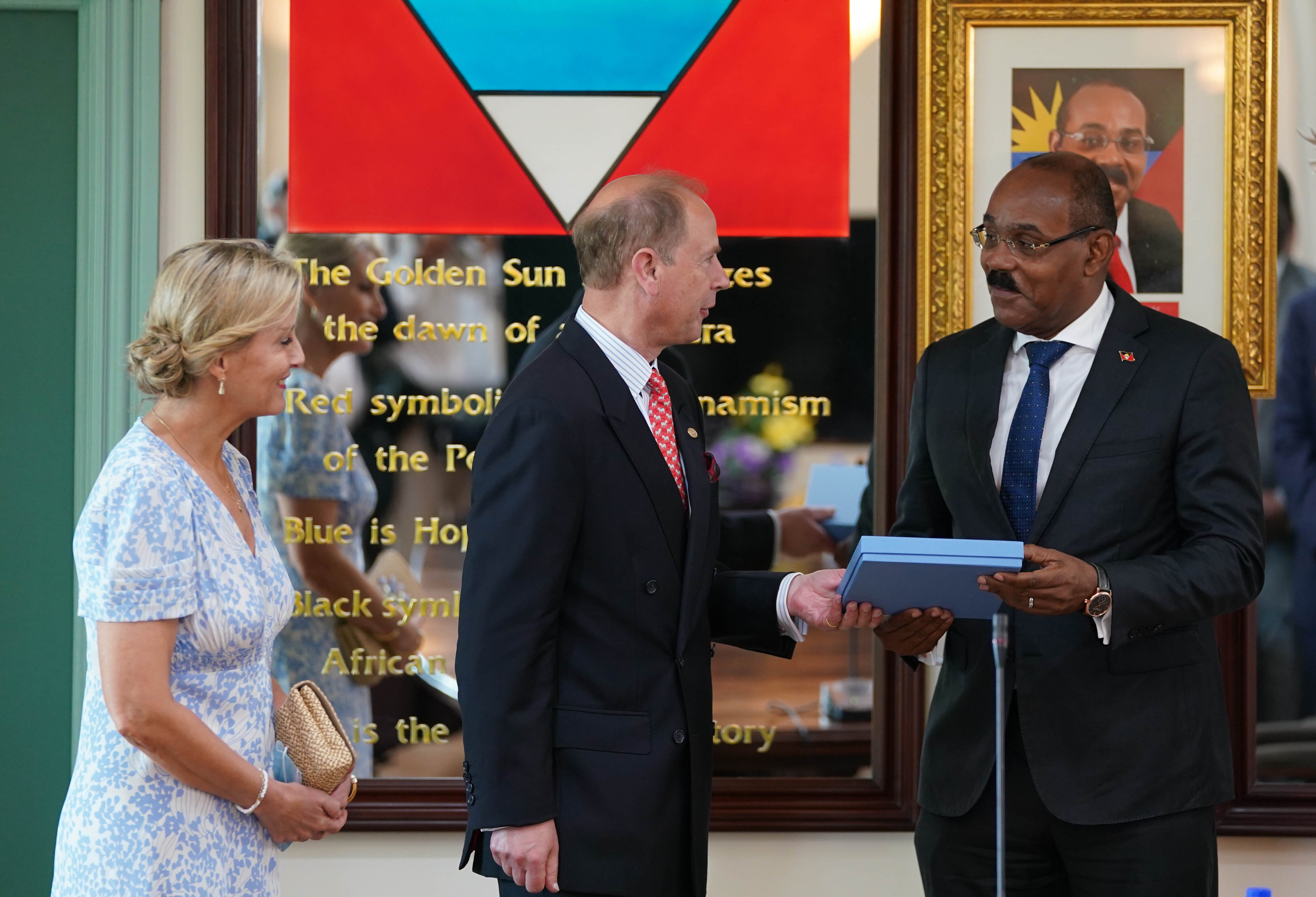 The Earl and the Countess of Wessex are presented with a gift by Gaston Browne, Prime Minister of Antigua and Barbuda, at Government House, St. John’s, Antigua and Barbuda (Joe Giddens/PA)