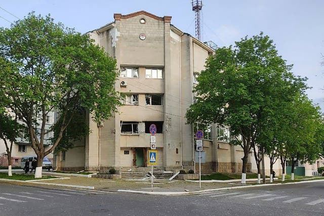 <p>A view of the damaged building of the Ministry of State Security, in Tiraspol, the capital of the breakaway region of Transnistria in Moldova, April 25, 2022</p>