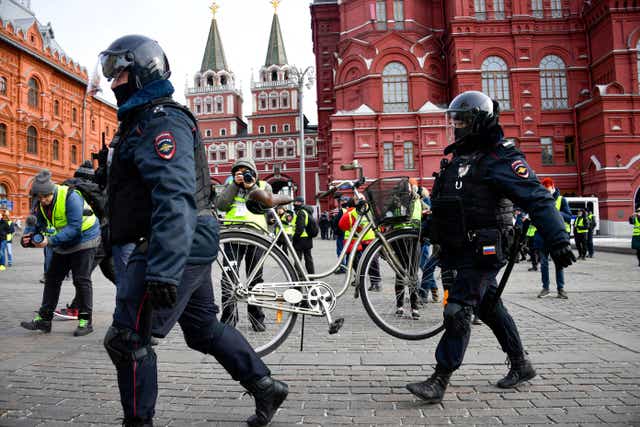 <p>File photo: Police officers in Manezhnaya Square in central Moscow on 13 March 2022</p>