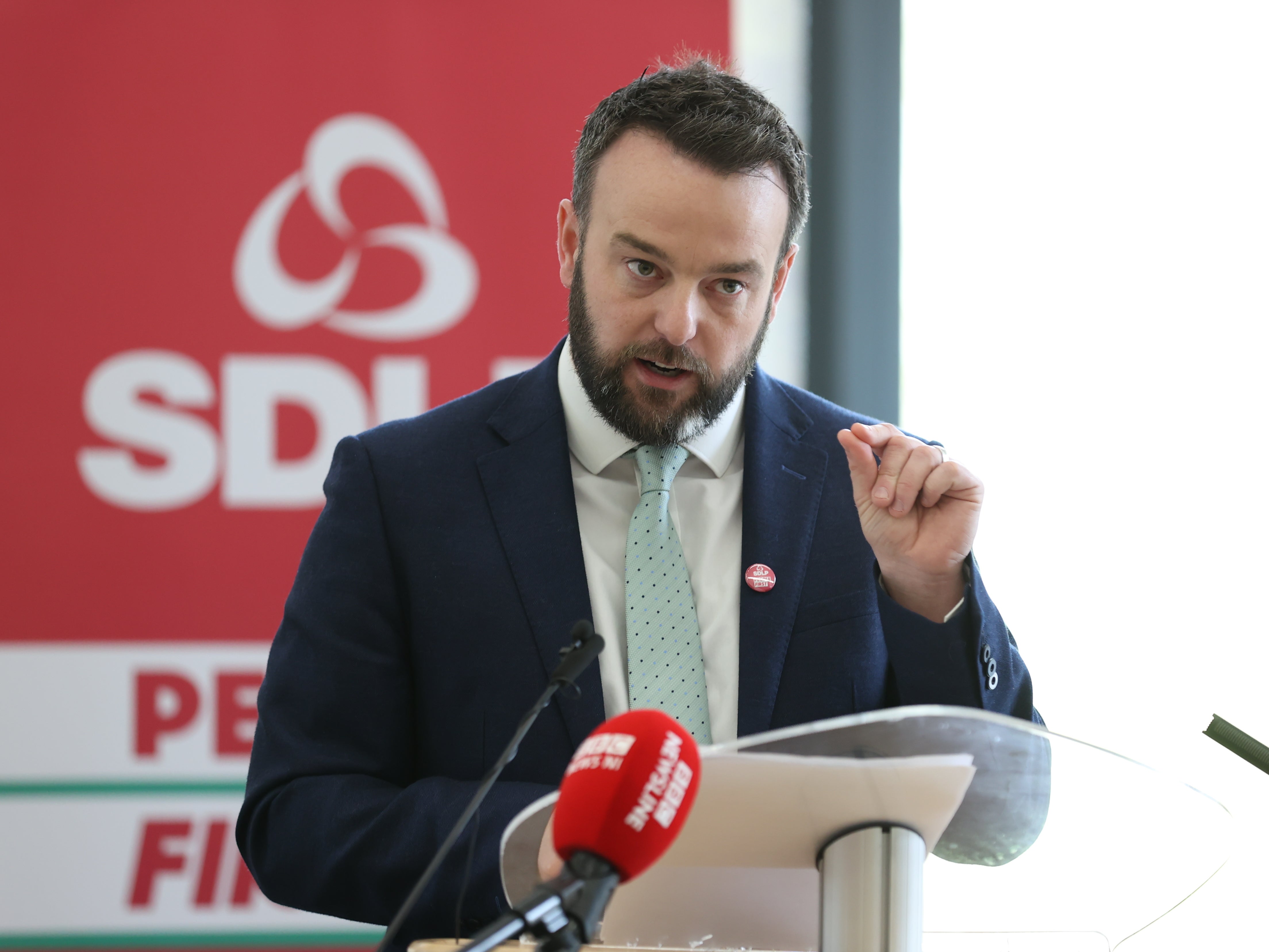 SDLP leader Colum Eastwood at the SDLP manifesto launch at The Junction, Dungannon. Picture date: Tuesday April 26, 2022 (Liam McBurney/PA)