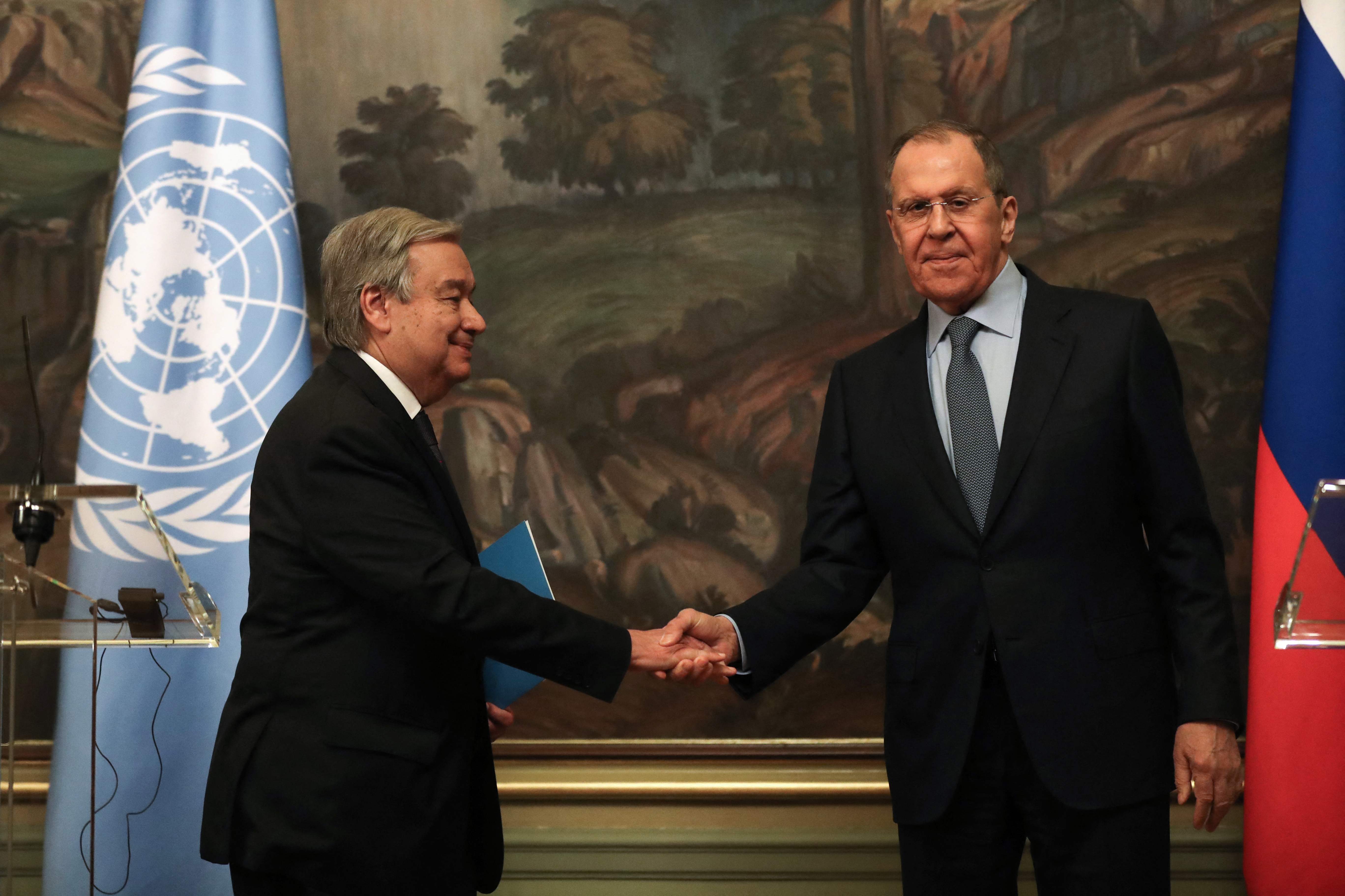 Russian foreign minister Sergei Lavrov and UN secretary-general Antonio Guterres hold a joint press conference following their talks in Moscow
