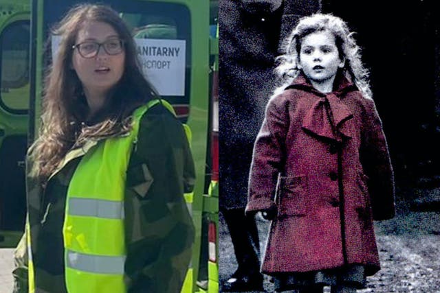 <p>Oliwia Dabrowska as an adult doing volunteer work to support Ukrainian refugees (left) and as a child in ‘Schindler’s List’ (right)</p>