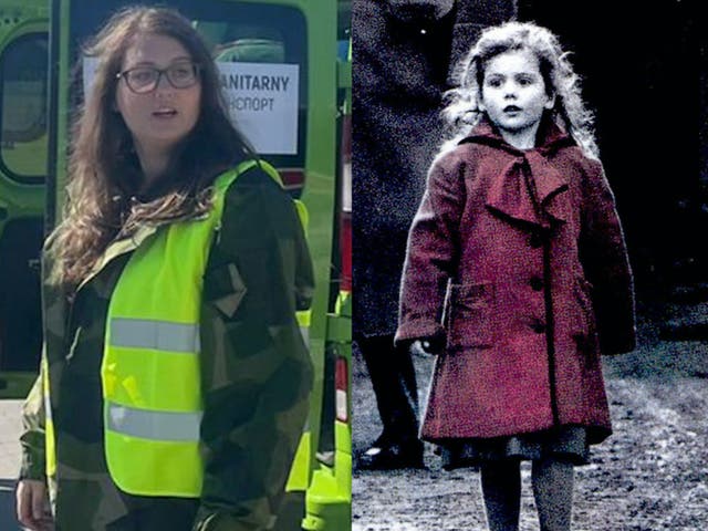 <p>Oliwia Dabrowska de adulta haciendo trabajo voluntario para apoyar a los refugiados ucranianos (izquierda) y de niña en ‘Schindler’s List’ (derecha) </p>