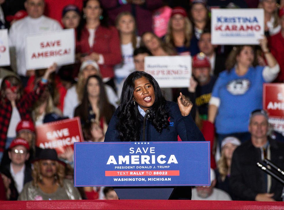 <p>Kristina Karamo, Republican candidate for Michigan Secretary of State, speaks at a rally at the Michigan Stars Sports Center in Washington Township, Mich</p>