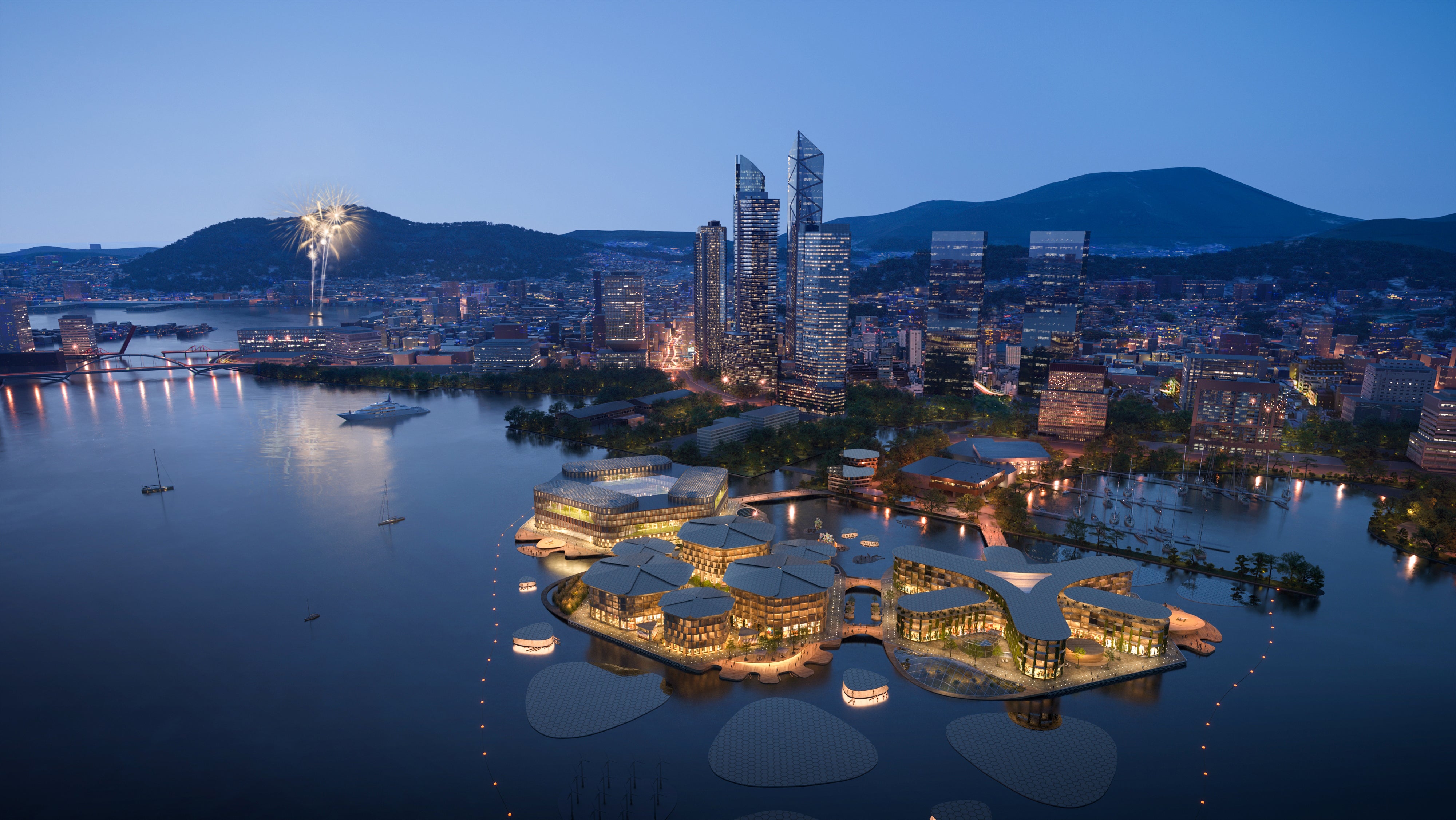 Nighttime view of the project in the Busan port