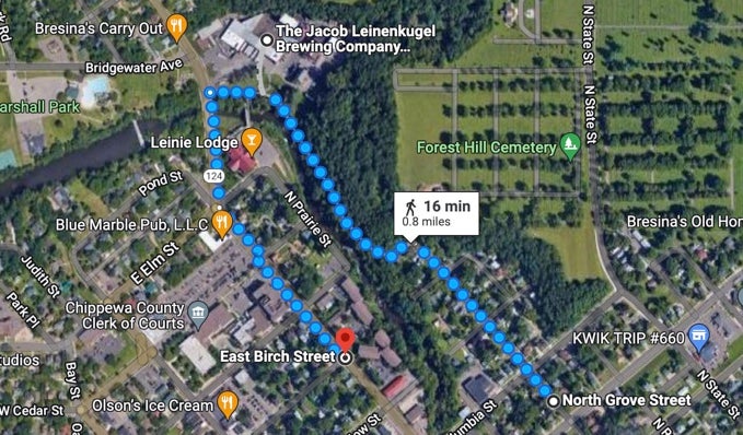 Map showing Lily’s aunt’s address at North Grove Street, her home at East Birch Street and the Leinenkugel brewery close to where her body was found
