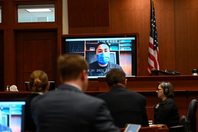 <p>Officer Melissa Saenz testifies in pre-recorded deposition during the trial at the Fairfax County Circuit Court in Virginia</p>