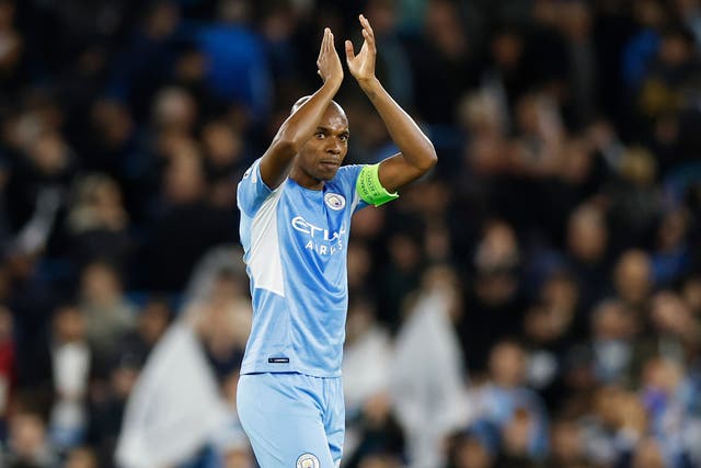 <p>Fernandinho of Manchester City applauds fans after the UEFA Champions League Semi Final</p>
