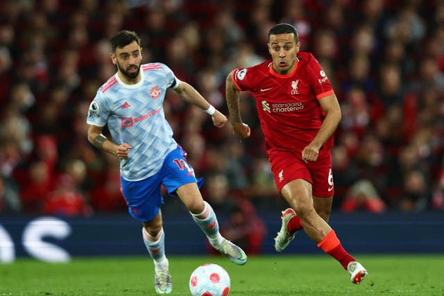 <p>Thiago produced a man-of-the-match display in Liverpool’s recent 4-0 win over United  </p>