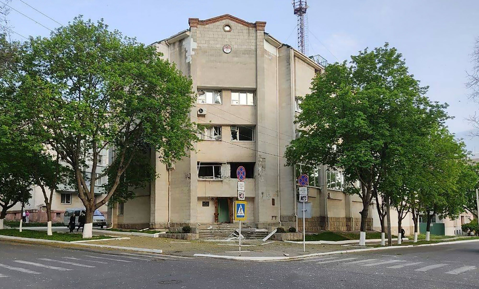 The damaged building of the Ministry of State Security, in Tiraspol. Russia blames Ukrainian saboteurs; Ukrainians call it a false flag operation by Russia