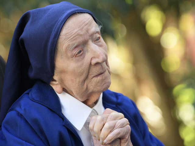 <p>Sister Andre, Lucile Randon in the registry of birth, the eldest French and European citizen, prays in a wheelchair, on the eve of her 117th birthday </p>