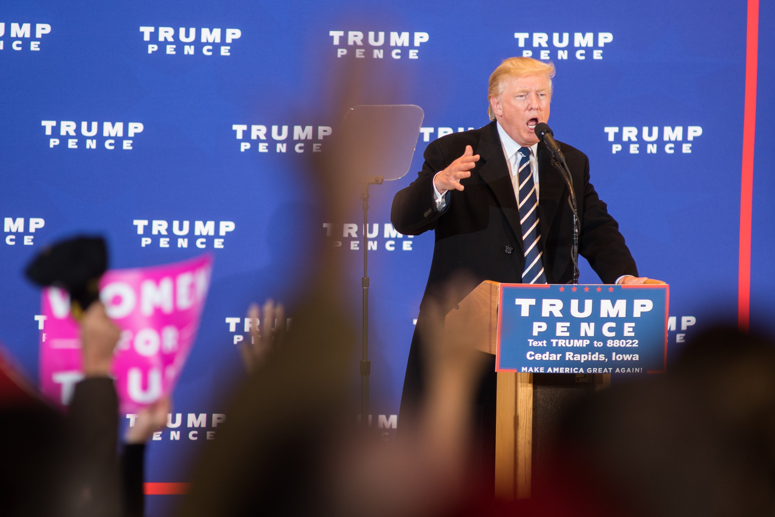 <p>Donald J Trump speaks to supporters during a rally at the McGrath Amphitheater on October 28, 2016 in Cedar Rapids, Iowa</p>