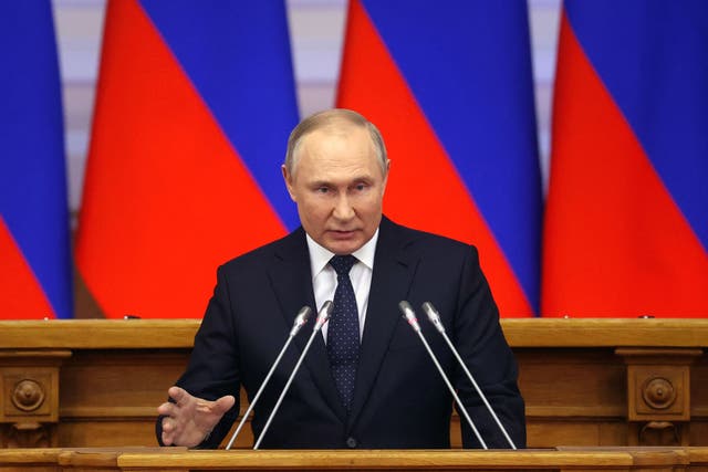 <p>Russian President Vladimir Putin gave a speech at a meeting of advisory council of the Russian parliament in Saint Petersburg</p>